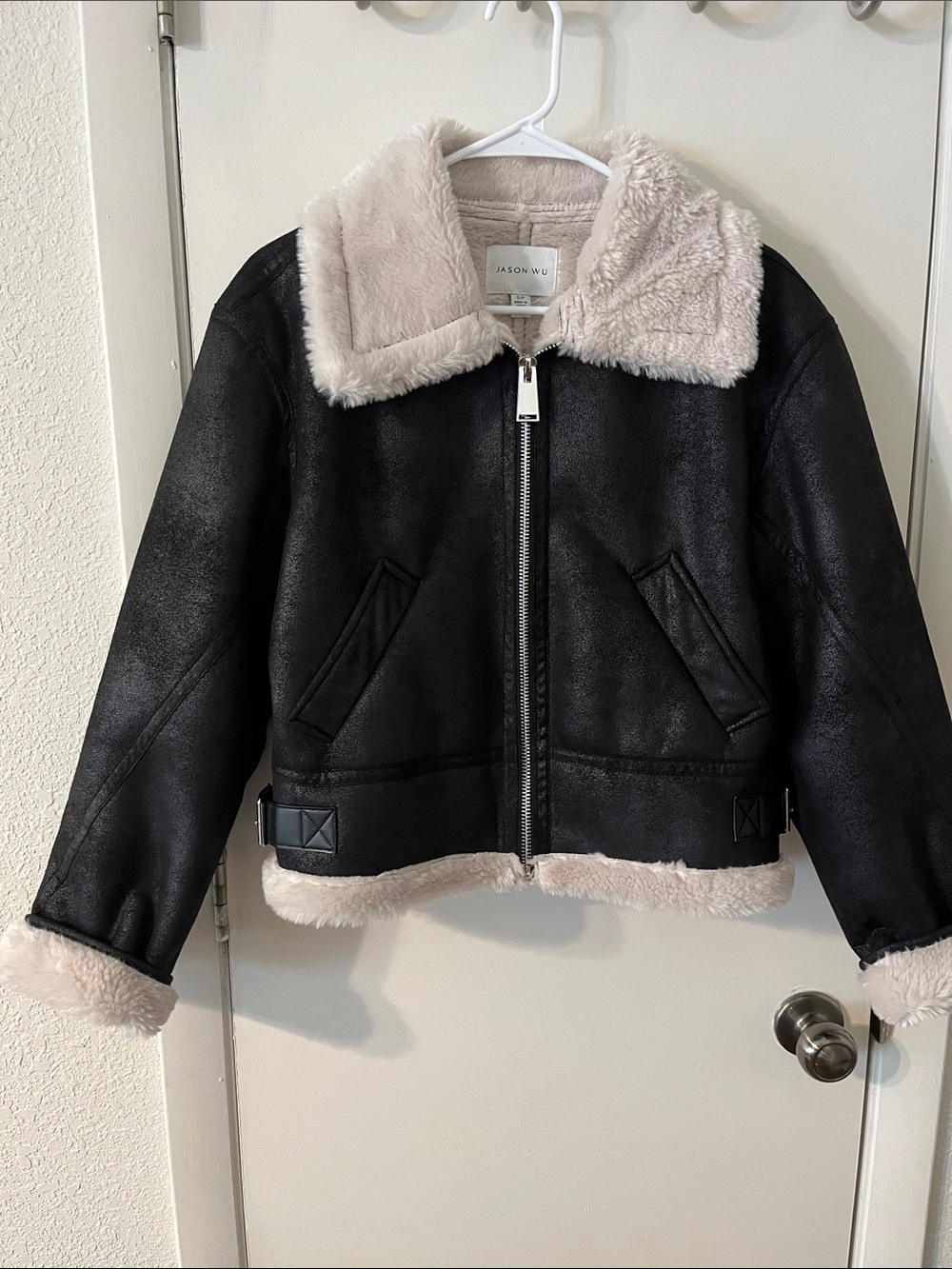 Jason Wu Black Bomber Jacket with Cream Faux Shearling
